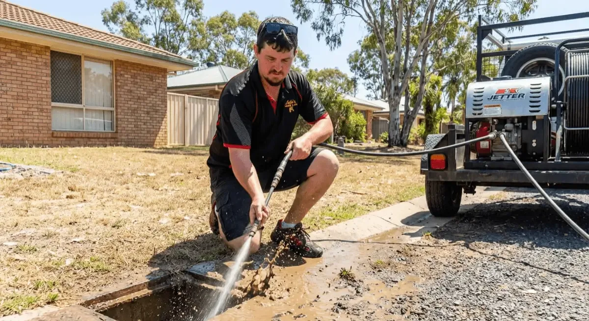 Luke high-pressure jetting a drain with the jetter trailer rig in Toowoomba
