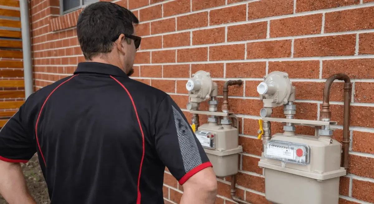 Luke working on gas meters against a brick wall in Toowoomba