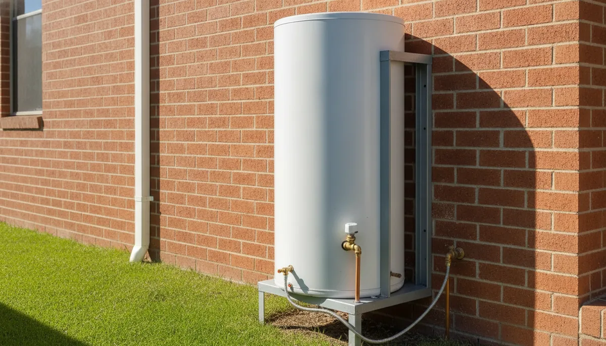 Domestic hot water storage tank mounted on a brick wall in daylight