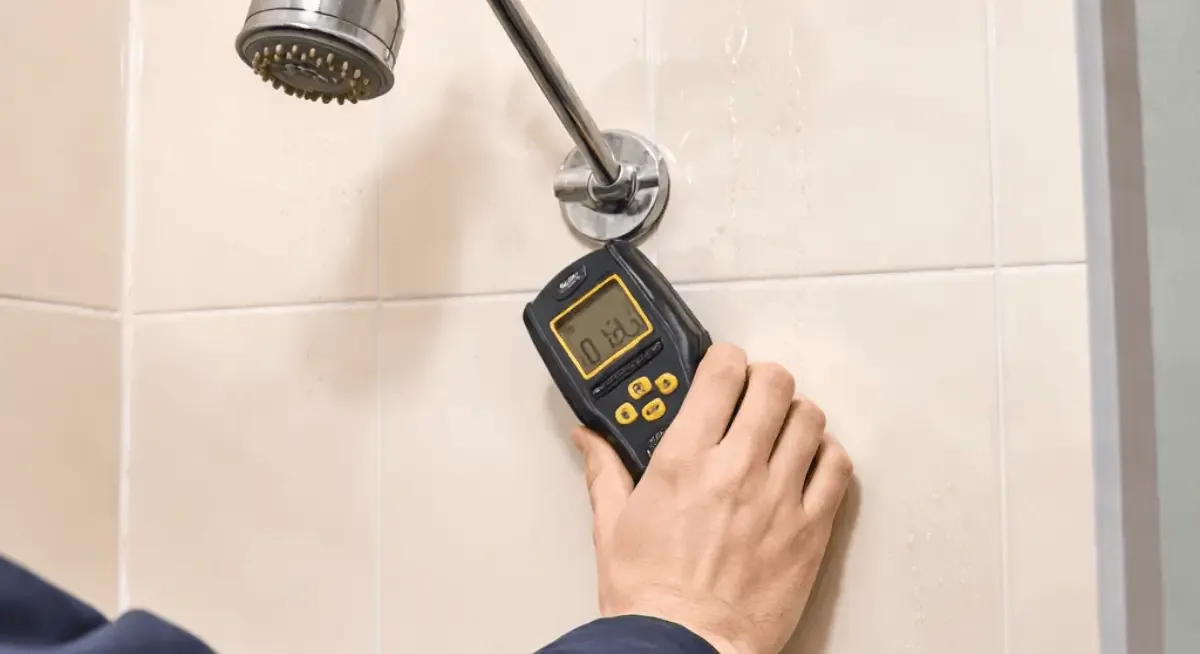 Moisture meter reading a wall during a leak-detection check